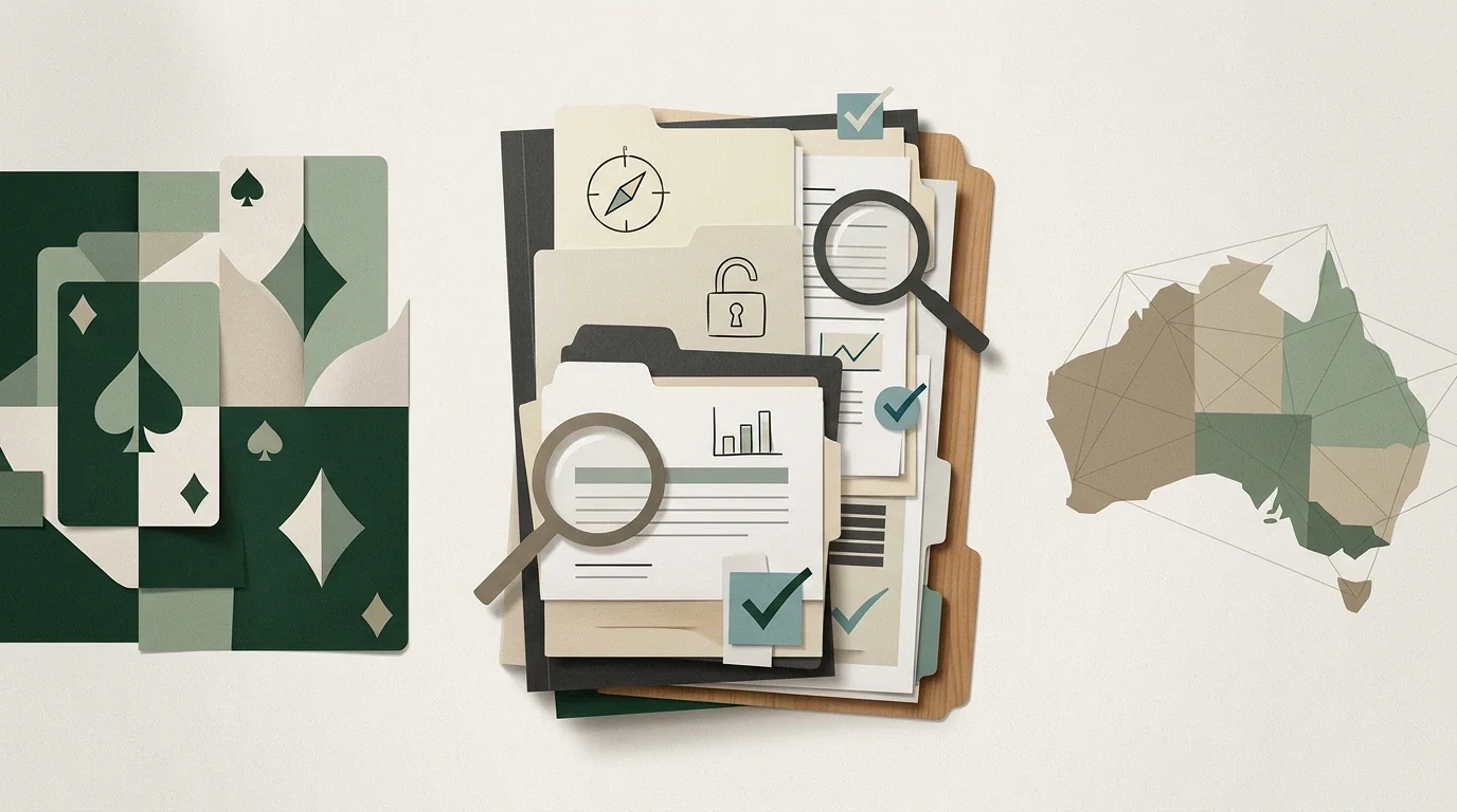 Editorial illustration of an Australia-focused casino evidence review with files and verification symbols